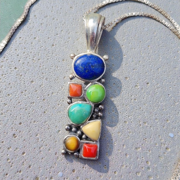 Vintage Jewelry - Vintage Sterling Multi Gemstone Pendant Necklace